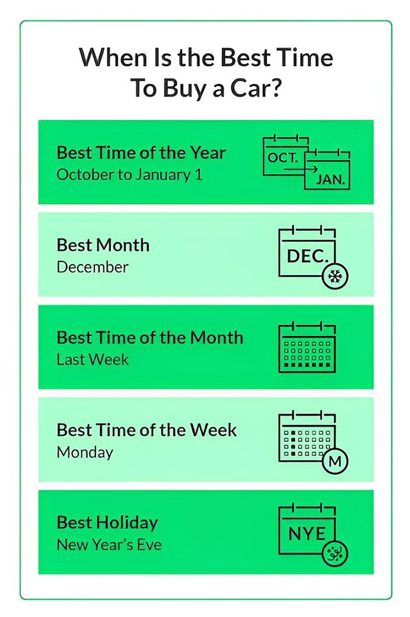 Illustration showing the best times of the year, month and week to buy a car