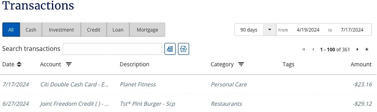 Screenshot of Empower Personal Capital budgeting transactions